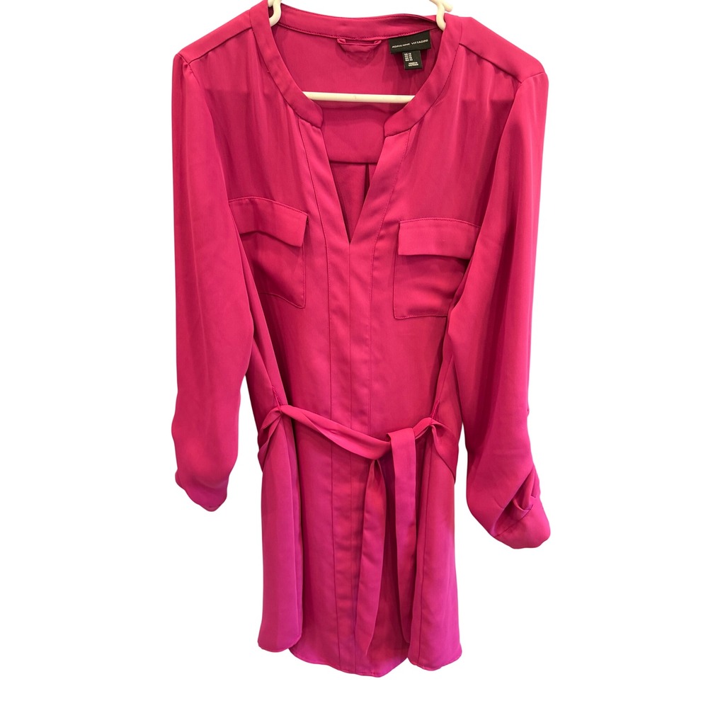 Adrienne Vittadini Pink Tie Waist Tunic Dress Split Neck Long Sleeve Womens 12